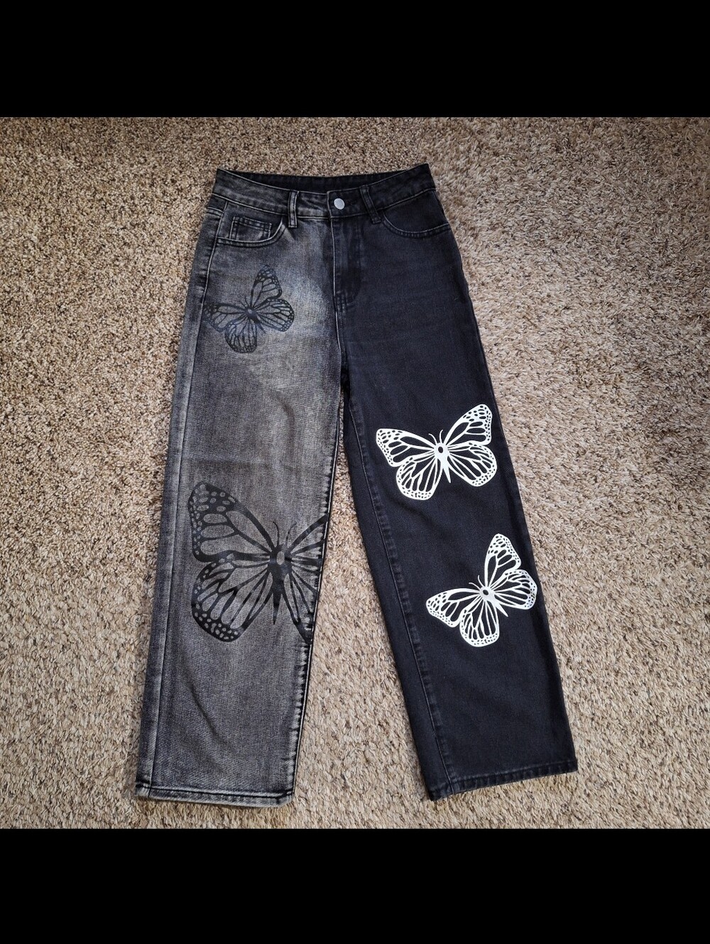 SHEIN Two Tone Split Butterfly High Waisted Straight Leg Jeans, Fits 26" Waist